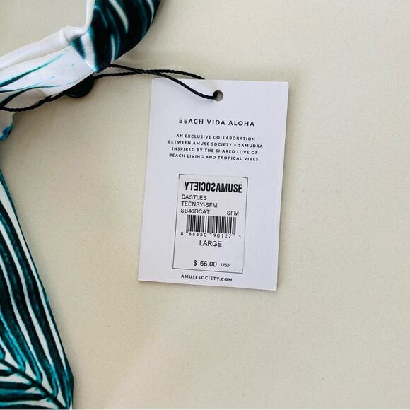 NEW AMUSE SOCIETY x Samudra White Green Palm Leaf Print Castles Bikini Bottom L - Picture 5 of 9